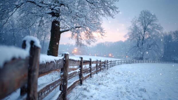 Snowy wooden fence leading across a field under trees during falling snow at dusk photo
