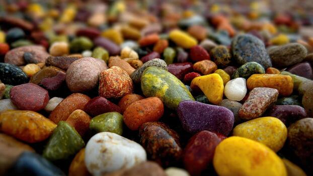 Extreme close up of wet vibrantly colored smooth river stones with shallow depth of field photo