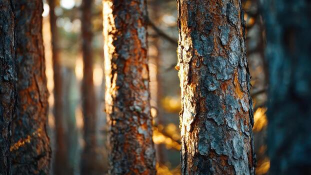 Close up of rough pine tree bark illuminated by warm golden sunlight filtering through the forest photo