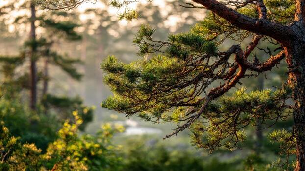 Close up of textured pine tree branches and bright green needles against a soft misty forest background photo