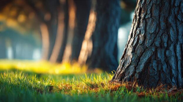 Close up tree trunk bark texture with vibrant green grass in a sunlit forest environment photo