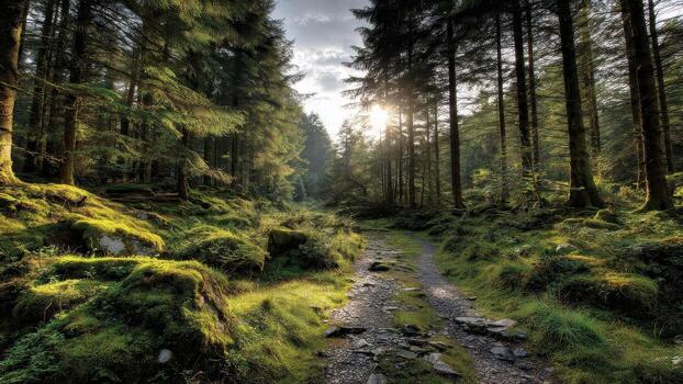 Sunlit path winds through a dense forest with mossy rocks and tall evergreen trees photo