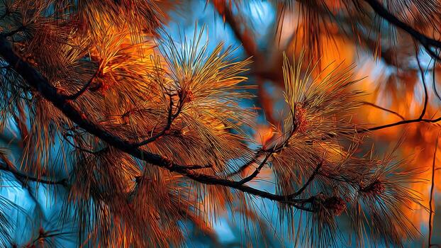 Close up of illuminated pine tree branches and needles against a bright blue and orange abstract background photo