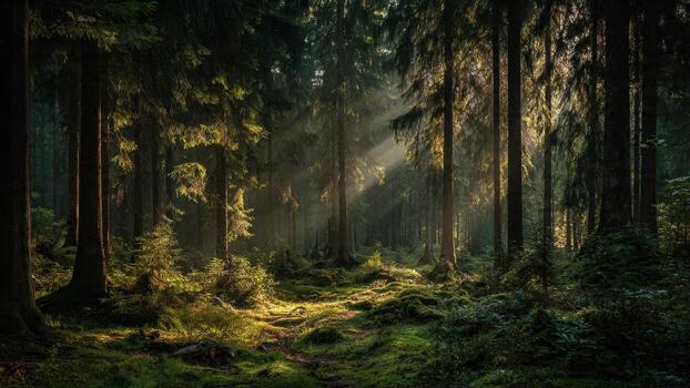 Sunlight rays piercing dense evergreen forest canopy illuminating mossy ground and dense undergrowth photo