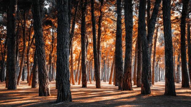 Dense grove of tall pine trees with deeply textured bark illuminates with warm autumn sunlight photo