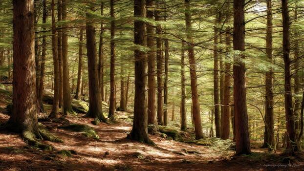 Dense woodland scene with tall textured tree trunks and sunlit forest floor photo