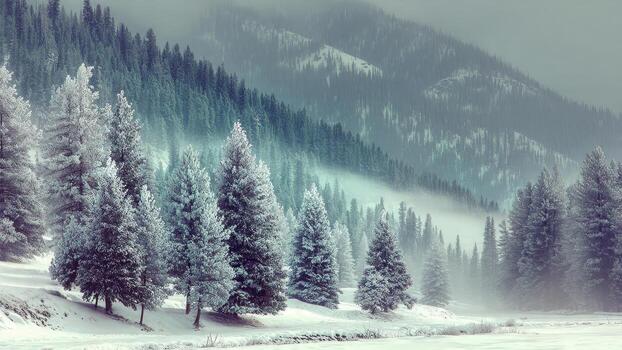 Frost covered evergreen trees line a snowy valley with a dense misty evergreen forest backdrop photo