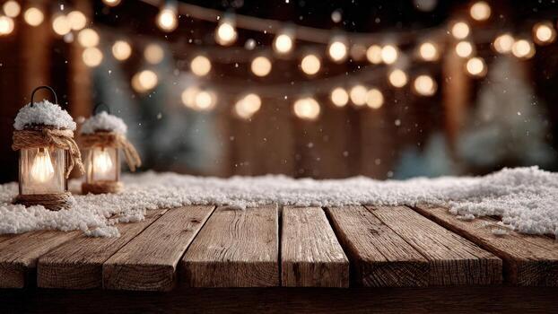 Rustic wooden surface covered in snow with illuminated lanterns and string lights overhead photo