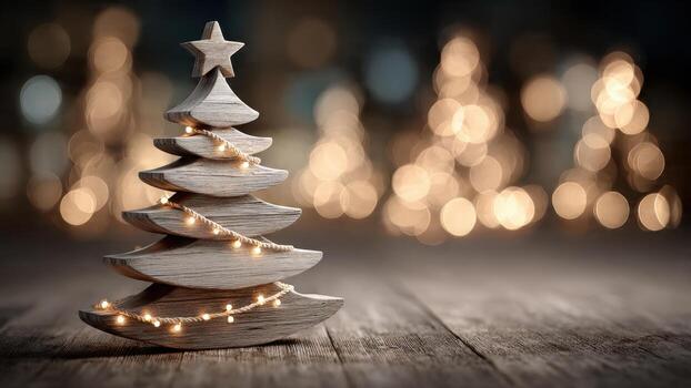 Wooden stacked Christmas tree decoration with glowing string lights on rustic surface bokeh background photo