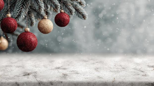 Glittery red and gold Christmas ornaments hang above a snowy surface with falling snow effect photo