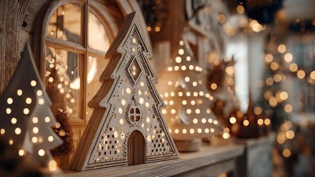 Wooden cutout illuminated Christmas tree decorations sit near an arched window with warm bokeh lights photo