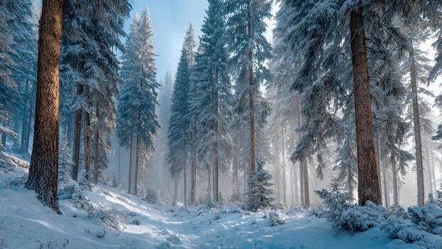 Tall snow covered evergreen trees line a bright winter forest path with heavy frost on branches photo
