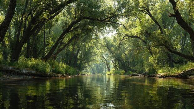 Lush green waterway flows beneath a dense canopy of sunlit forest trees and weeping willows photo