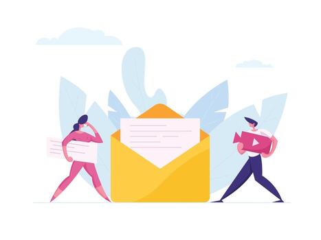 Email Digital Marketing Online Communication Concept. Business Characters with and Text Content Sending Message in Envelope. cartoon illustration vector