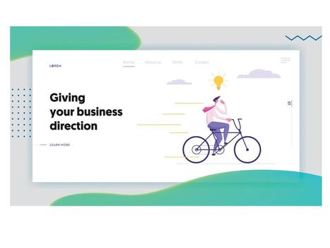 Creative Solution, Business Concept with Happy Businessman Character on a bike Getting Idea as a Lightbulb. Modern Banner with Goal Achievement Graph for Website, Web Page. Flat Illustration vector