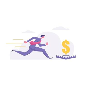 Risk Management Business Concept with Greedy Businessman Character Chasing for Money Directly to Bear Trap with Dollar Sign. Banner with Desperate Man Graph for Website, Web Page. Flat Illustration vector
