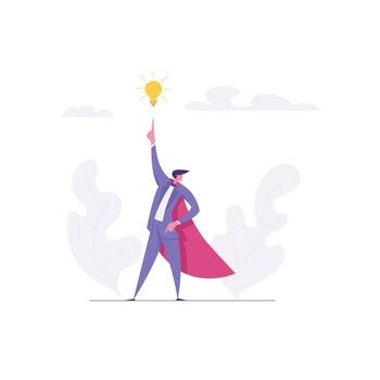 Creative Business Success Concept with Superhero Man Character. Banner with Businessman Pointing on Idea Lightbulb Graph for Website, Web Page or Poster Presentation. Flat Illustration vector
