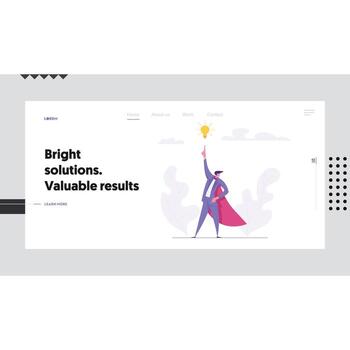 Creative Solutions Business Success Concept with Superhero Businessman Character Pointing on Idea Lightbulb. Landing Page Banner with Brainstorming Man for Website, Web Page. Flat Illustration vector