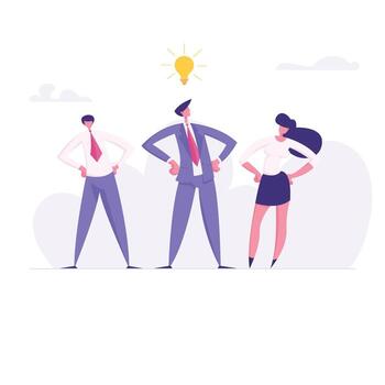 Business Innovation Teamwork Success Concept with People Characters Standing with Vision Idea Lightbulb. Creative Banner with Brainstorming Businessmen for Website, Web Page. Flat Illustration vector