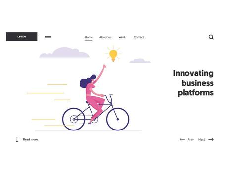 Creative Solution, Business Success Concept with Businesswoman Character on a bike Getting Idea as a Lightbulb. Innovation Banner with Modern Graph for Website, Web Page. Flat Illustration vector