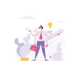 Multitasking Efficient Business Success Concept with Business Character with Six Hands Doing Several Actions. Time Management Banner with Productive Man for Website, Web Page. Flat Illustration vector