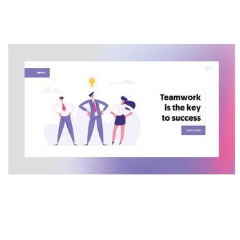 exitoso negocio trabajo en equipo cooperación concepto aterrizaje página. negocio personas caracteres con idea bulbo. creativo innovador bandera para sitio web, web página modelo. plano dibujos animados ilustración vector