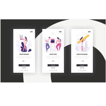 Successful Financial Growth Team Developing Business Concept for Mobile App Set. People Characters with Relax Coffee Chatting, Arrow Going Up and Internet Banking Template. Flat Illustration vector