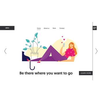 Social Media Network Concept Landing Page Template. Female Character Chatting Using Smartphone at Home. Woman Sending Message with Mobile Phone for Website, Web Page, Banner. illustration vector