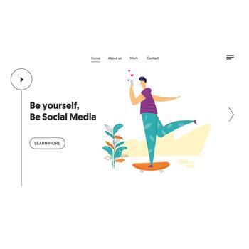 Social Media Network Concept Landing Page Template. Male Character Chatting Using Smartphone while Skateboarding. Man Sending Message with Mobile Phone for Website, Web Page, Banner. illustration vector