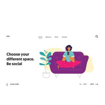 Social Media Network Concept Landing Page Template. Girl Character Chatting Using Smartphone at Home. Woman Sending Message with Mobile Phone for Website, Web Page, Banner. illustration vector