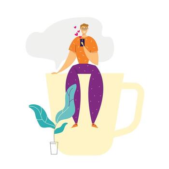 Young Male Character Chatting via Smartphone and Drinking Coffee. Man Sending Message Using Social Media Network with Mobile Phone. flat illustration vector