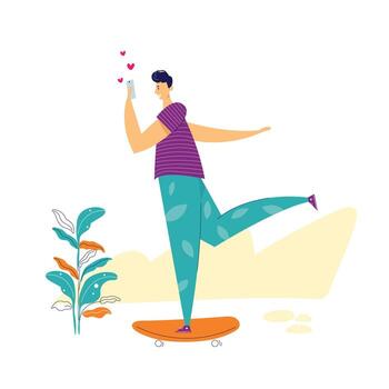 Young Male Character Chatting via Smartphone while Skateboarding. Active Man Sending Message Using Social Media Network with Mobile Phone. flat illustration vector