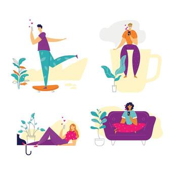 joven personas chateando en social red vía teléfono inteligente caracteres utilizando móvil teléfono para virtual relaciones comunicación concepto. plano ilustración vector