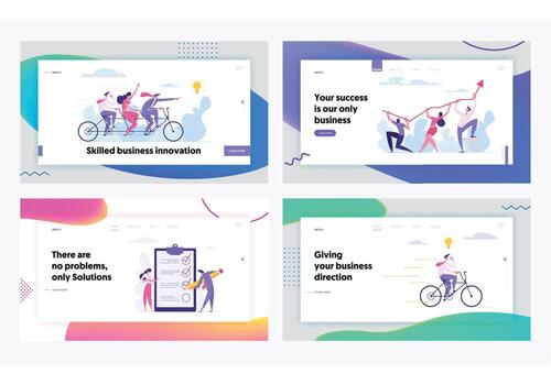 Creative Cooperation Developing Innovation Business Success Concept Landing Page Set. People Characters with Checklist, Tandem Bike, Arrow and Idea Bulb for Website, Web Page. Flat Illustration vector