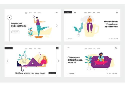 Social Media Network Concept Landing Page Template Set. Character People Chatting Using Smartphone. Man and Woman Sending Message with Mobile Phone for Website, Web Page, Banner. illustration vector