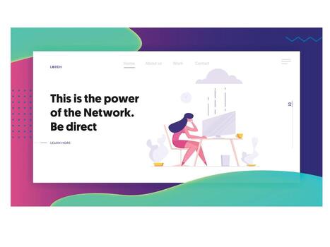 negocio nube almacenamiento centro de datos hospedaje servidores concepto con mujer de negocios personaje sentado en frente de monitor con teléfono. eso aterrizaje página para sitio web, web página. plano ilustración vector