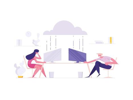 negocio nube almacenamiento centro de datos hospedaje servidores concepto con negocio personas caracteres sentado en frente de monitores, como eso progreso. adecuado para sitio web, póster, bandera. plano ilustración vector