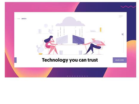 negocio nube almacenamiento centro de datos hospedaje servidores concepto con gente de negocios caracteres sentado en frente de monitores aterrizaje página con eso Progreso para sitio web, web página. plano ilustración vector