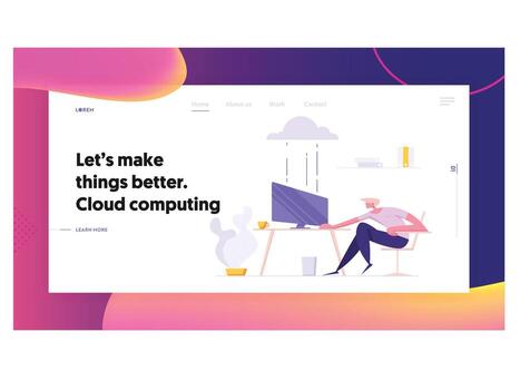 negocio nube almacenamiento centro de datos informática concepto con empresario personaje sentado en frente de monitor con ratón. eso hospedaje servidores aterrizaje página para sitio web, web página. plano ilustración vector