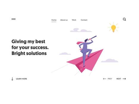 Business Vision Strategy Success Concept. Businessman Character Flying on Paper Plane. Landing Page with Man Looking for New Idea with Telescope for Website, Web Page. Flat Illustration vector