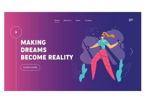 Virtual Reality Augmented Concept for Landing Page. Woman Character with vr Glasses Dancing or Doing Exercise. New Technology Experience for Website, Web Page. Flat Illustration vector