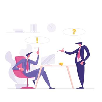Business Meeting Concept. Businessman and Worker Characters Discuss Work Project Process. Office Communication, Brainstorming, Teamwork. Flat illustration vector