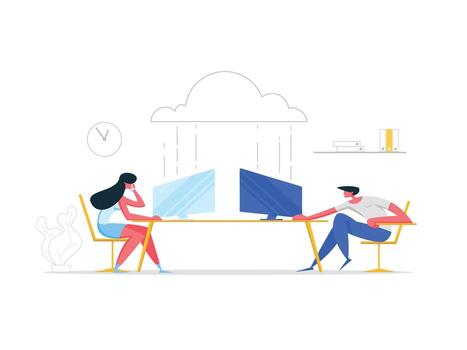 Cloud Computing Technologies Concept. Man and Woman Characters Working with Computers Using Wireless Connection Service. Media File Storage Backup. illustration vector