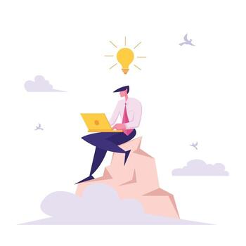 Businessman with Laptop Working on Top of Mountain. Developer with Creative Idea Light Bulb Coding on the Peak. Freelancer Project Manager Character Concept. flat illustration vector