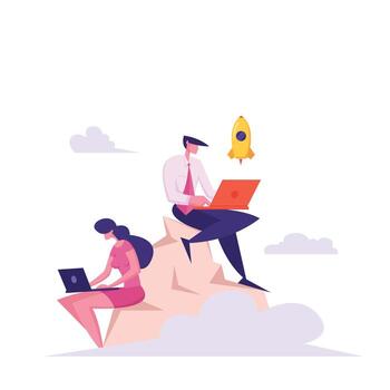 empresarios equipo con ordenador portátil trabajando en parte superior de montaña. desarrollador lanzamiento cohete comienzo arriba en el cima. persona de libre dedicación proyecto gerente personaje concepto. plano ilustración vector