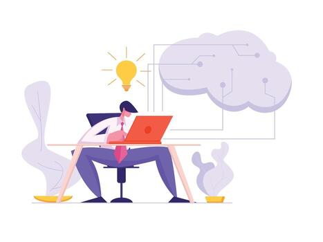 Software Developer Coding with Laptop. Artificial Intelligence, Digital Mind Concept with Male Character Project Manager Programming Website. flat cartoon illustration vector