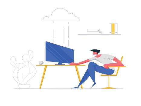 Cloud Computing Technologies Concept. Man Character Working with Computer Using Wireless Connection Service. Media File Storage Backup. illustration vector