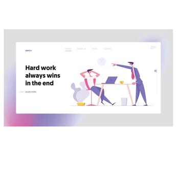 Communication at Office Work Concept Landing Page with Businessmen Characters Discuss Project Process. Lazy Worker with Laptop and Angry Boss for Banner, Website, Web Page. Flat illustration vector