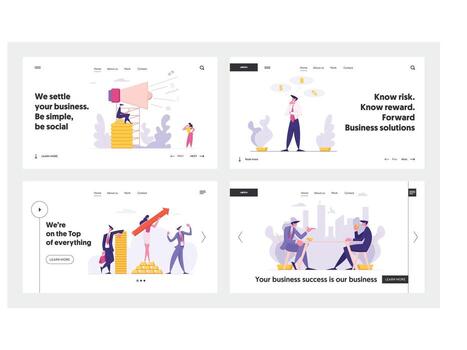 Advertising Megaphone Concept Banner. Characters Partnership Meeting. Man and Woman Programmer Coding Mobile App Landing Page. Rich Businessman with Stack of Money. flat cartoon illustration vector