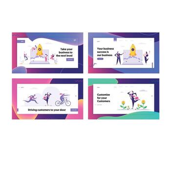 Successful Start Up Concept Landing Page Set with Business People Characters Launches Rocket from Laptop. Space Ship Metaphor Startup, Business Challenge Banner, Website, Web Page. Flat illustration vector